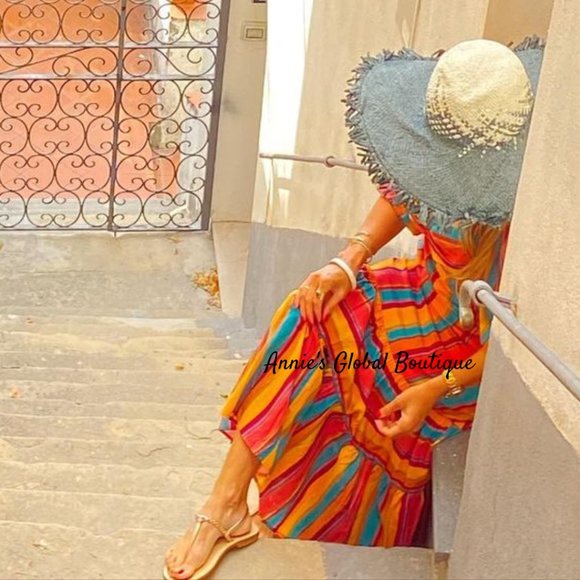 RARE NWT ANTHROPOLOGIE FARM RIO Rainbow Striped Flounced Midi Dress. Size L - Picture 3 of 16